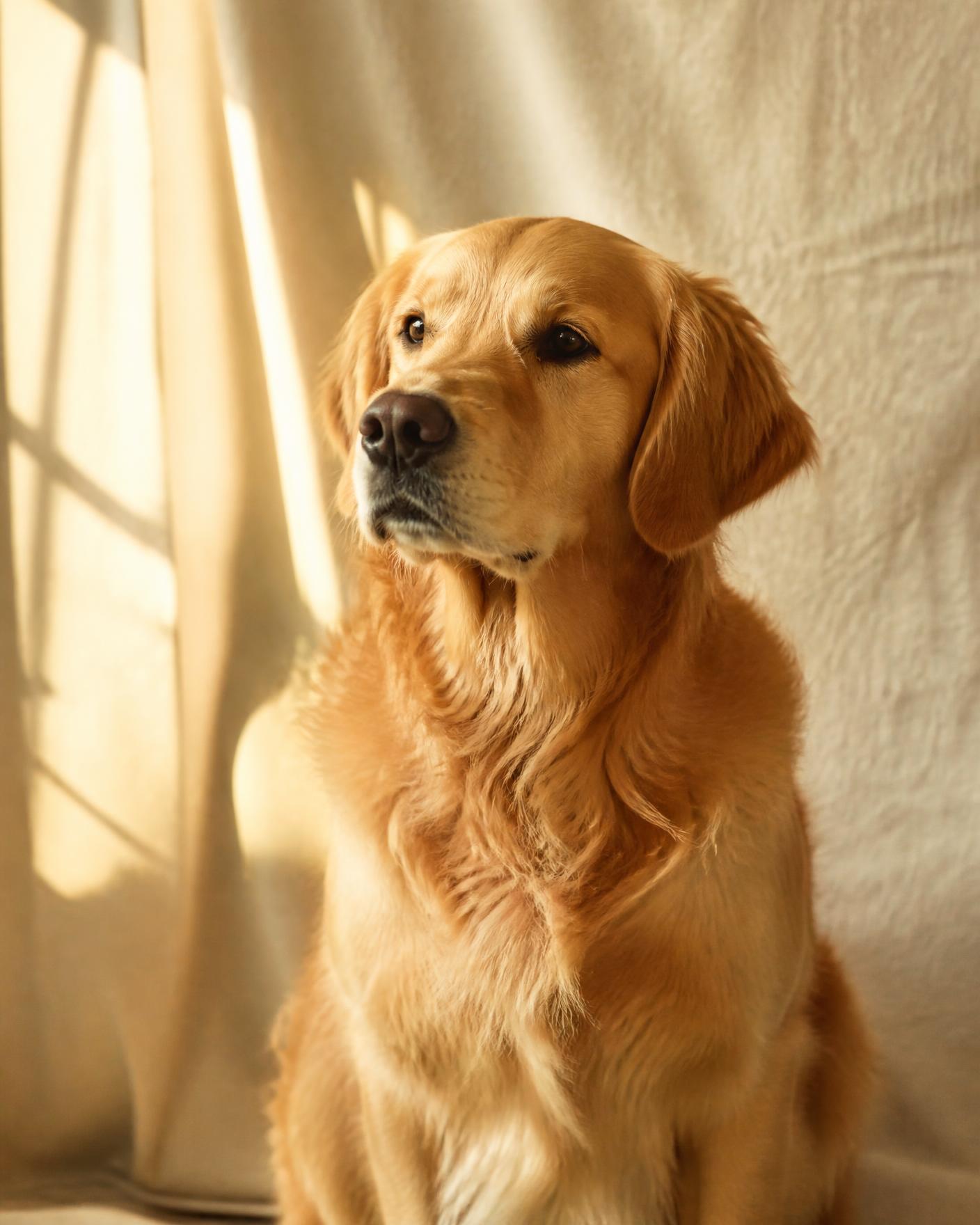 Golden retriever sitting in warm afternoon light